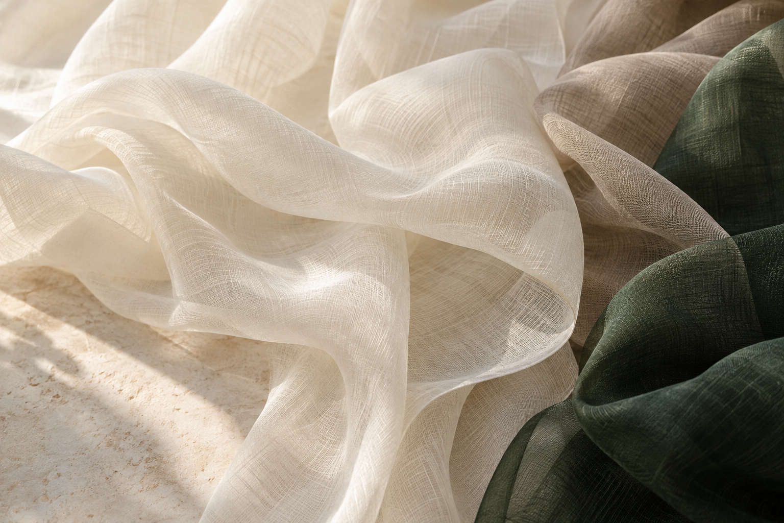 Illustrative ivory, taupe and deep green lightweight woven fabrics in soft folds